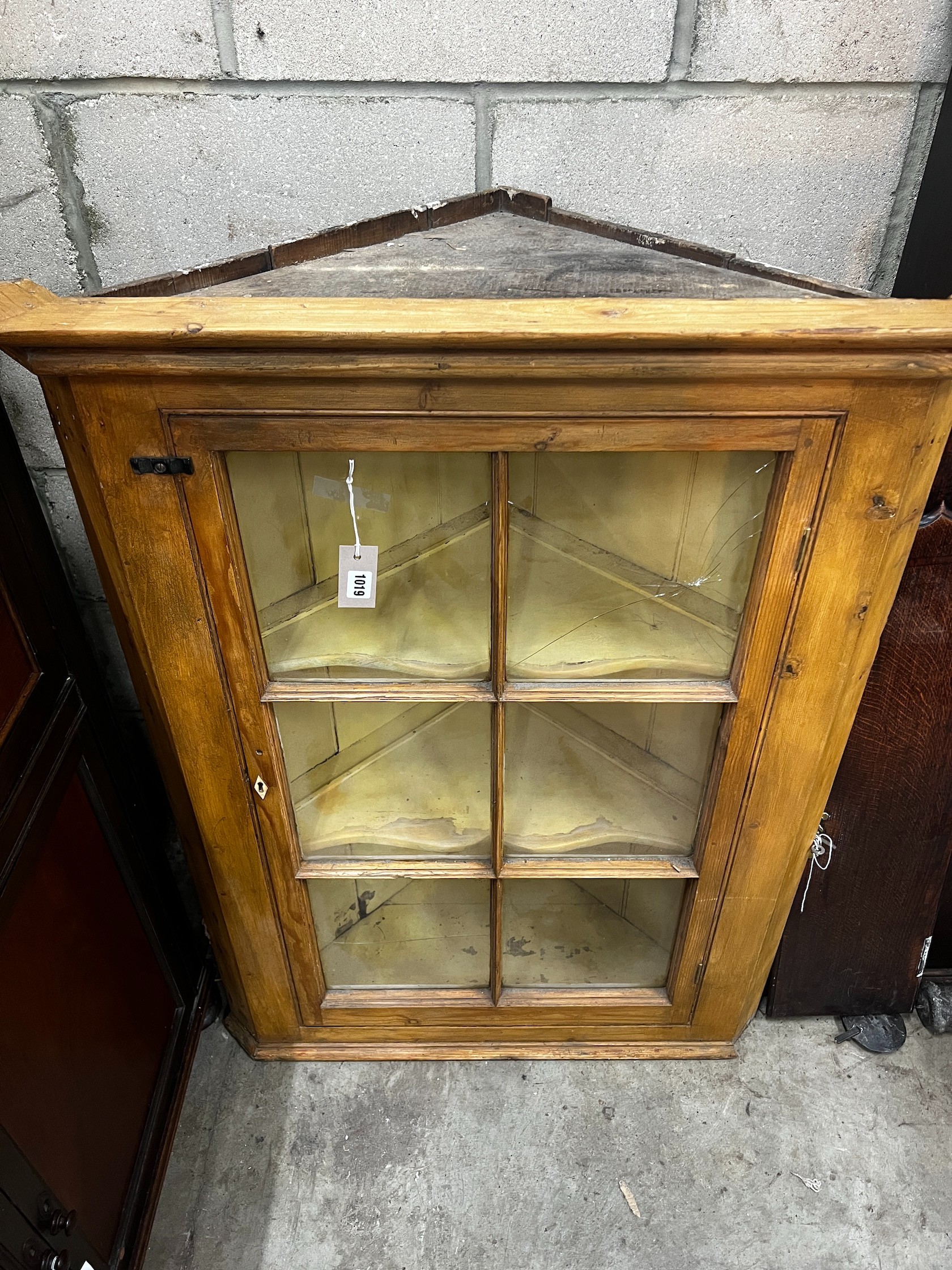 A Victorian pine hanging corner cabinet, width 85cm depth 47cm height 108cm